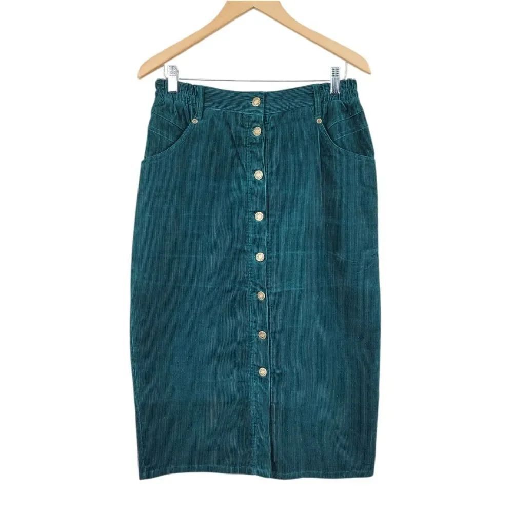 Vintage Green Corduroy Button-Front Midi Skirt